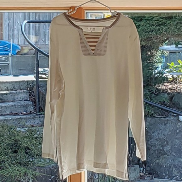 Denim & Co 3X Long Sleeve Tee with striped Inset, Cream/Tan - Picture 1 of 4